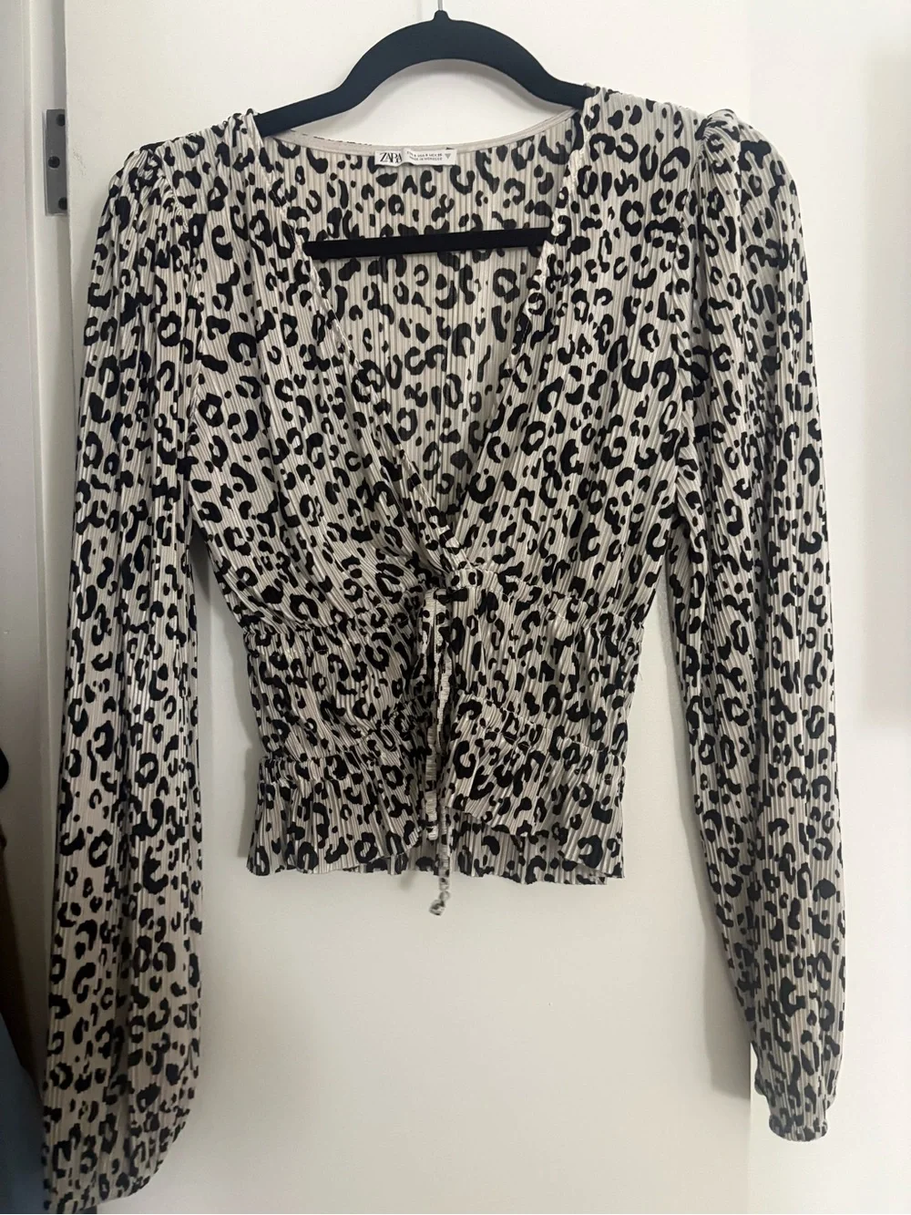 Zara Cream and Black Leopard-Print Wrap Blouse